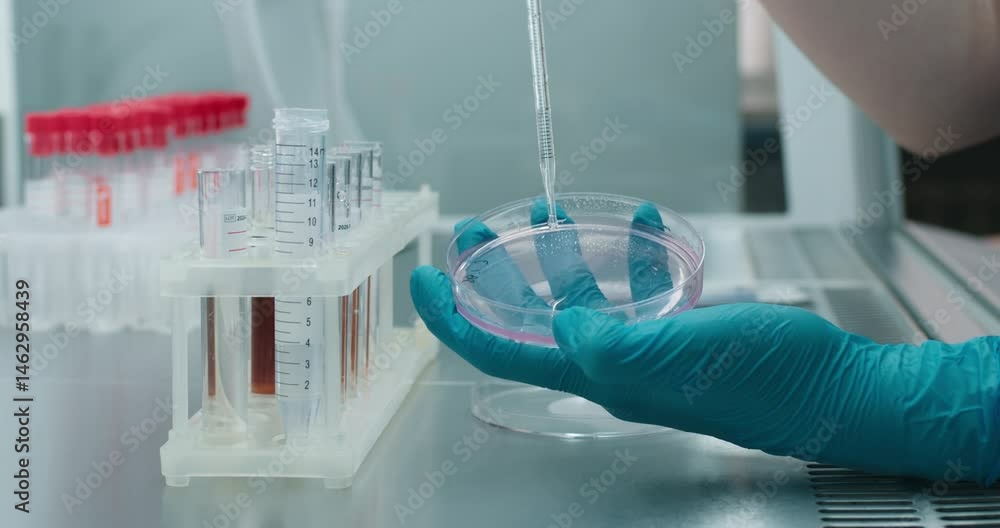 A biotechnologist works with a Petri dish containing a culture medium, using an inoculating loop. Concept microbiological research and innovative methods in working with microorganisms.