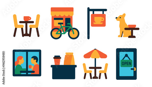 Flat vector icons of outdoor café scenes: coffee table on sidewalk, bicycle parked near café, hanging café sign, dog at outdoor table, window with people inside, takeout pickup station, café terrace