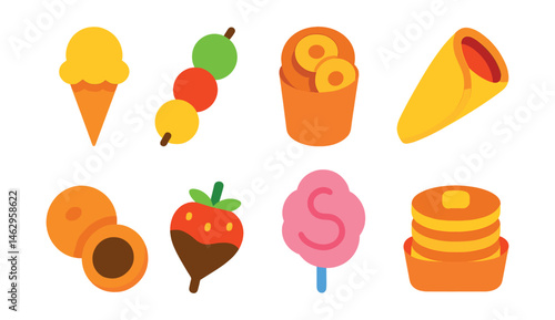 Flat vector icons of street desserts: ice cream cone, mochi balls, mini donuts in cup, sweet crepe roll, deep-fried Oreos, chocolate-dipped fruit, cotton candy swirl, pancake stack to-go.
