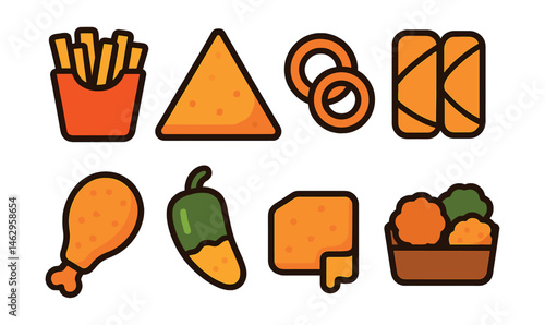 чFlat vector icons of deep-fried street food: crispy fries, samosa triangle, onion rings, spring rolls, fried chicken piece, jalapeño popper, fried cheese bite, fritter mix tray.