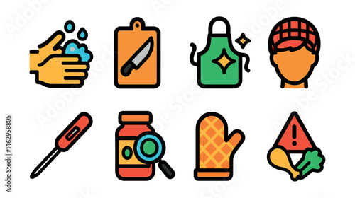 Flat vector icons of kitchen safety and hygiene: washing hands, cutting board icons, clean apron, hairnet icon, food thermometer, checking expiration date, glove for hot items, cross-contamination