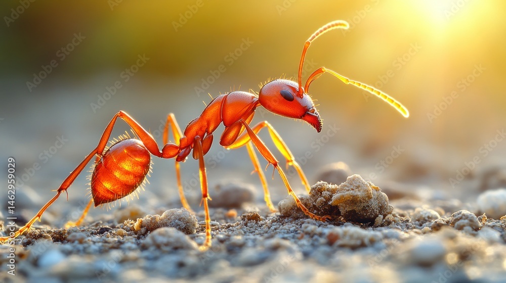 Red ant foraging on ground at sunset Red ant foraging on ground at sunset