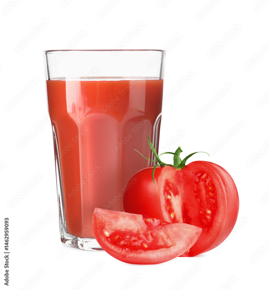 Tasty tomato juice in glass and fresh cut ingredient on white background Tasty tomato juice in glass and fresh cut ingredient on white background