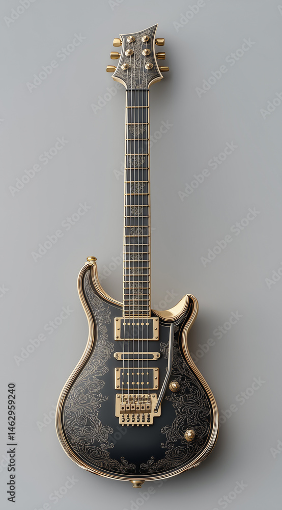 Fototapeta premium Ornate black and gold electric guitar with intricate engraved baroque design 