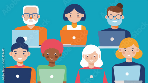 Online Learning A person of different ages and backgrounds using laptops and tablets accessing online courses representing digital learning opportunities.