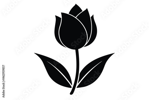 Solid black tulip silhouette showcases delicate petals and leafy stems in a simple form