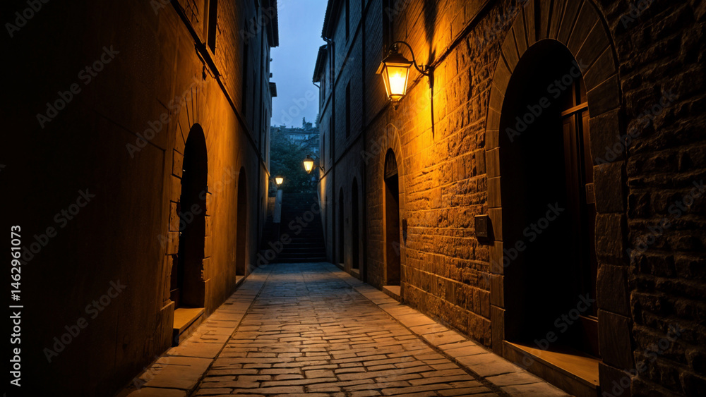 Fototapeta premium A quiet narrow alleyway illuminated by a single glowing streetlamp at dusk. 