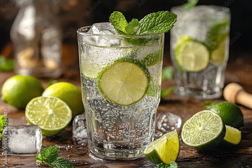Fototapeta premium Refreshing lime and mint beverage in glasses.