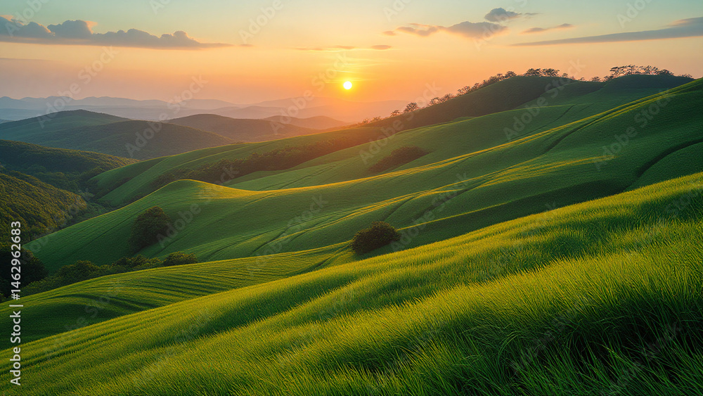 Fototapeta premium Golden light paints the mountain landscape with hues of sunset and sunrise across the rural horizon