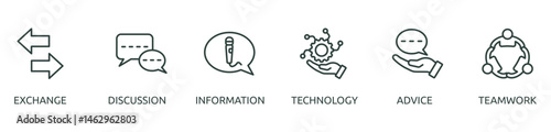 PrintCommunication outline banner icon of exchange, discussion, information, technology, advice, teamwork