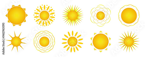 Set of sun with different shapes of rays - triangular, oval with circles, and with arcs on white background. Element of the elements. Ideal for summertime, seasonal, weather, beach, and outdoor design