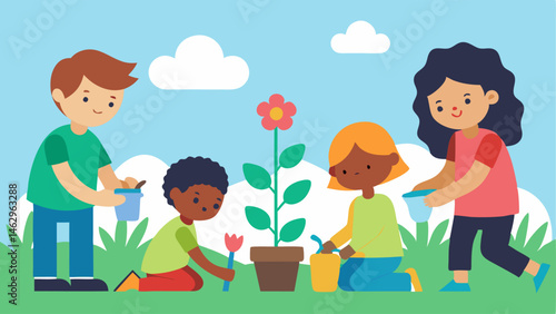 Gardening Together A small garden outside where children are planting flowers with some using adaptive tools for gardening demonstrating teamwork and cooperation.