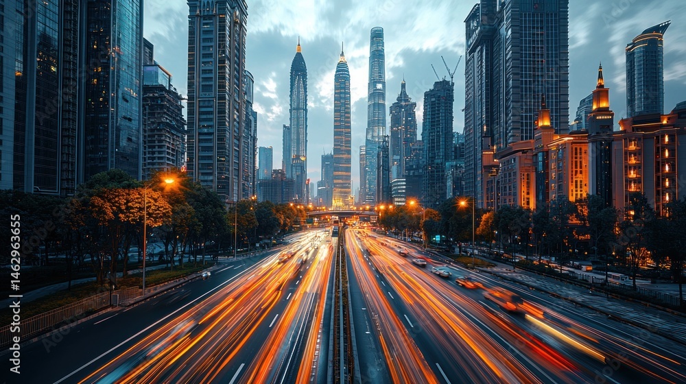 Fototapeta premium Cityscape at Dusk Traffic Flowing Through Shanghai Urban Highway