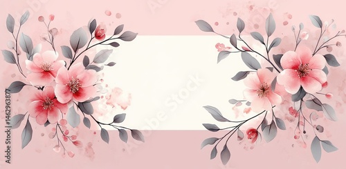 Delicate watercolor floral frame with pink blossoms and gray leaves on a soft pastel pink background, elegant decorative border design