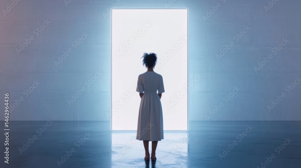 Fototapeta premium A silhouette of a woman in a white dress stands before a glowing doorway, symbolizing opportunities, hope, and new beginnings in a minimalist setting.