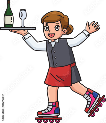 Female Inline Skates Waiter Cartoon Clipart 