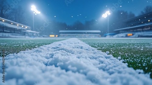 A snowy football field under stadium lights creates a wintry atmosphere, perfect for sports-related content and seasonal promotions in the athletics and event management sectors.