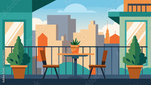 The small balcony is a private urban escape with a small bistro set and potted plants. The sleek design keeps the focus on the surrounding city views.