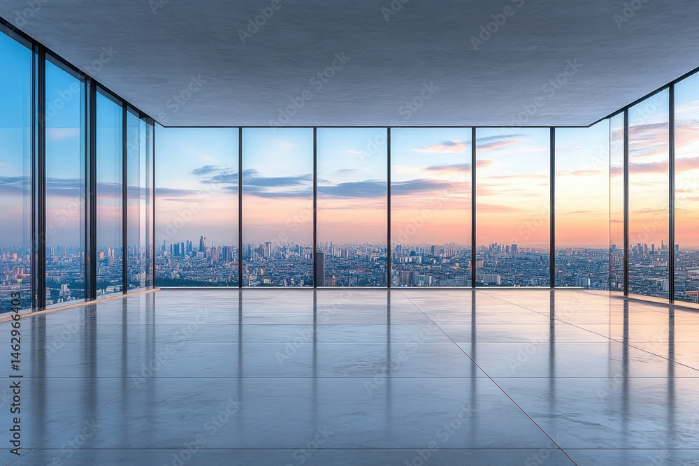 Fototapeta premium Spacious modern empty room with floor-to-ceiling glass windows offering panoramic city skyline view at sunset with soft cloudy sky