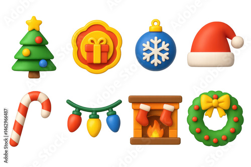3D icon set of Christmas celebration: Christmas tree icon, gift box badge, snowflake ornament bubble, Santa hat icon, candy cane badge, Christmas lights string, fireplace with stockings, holiday