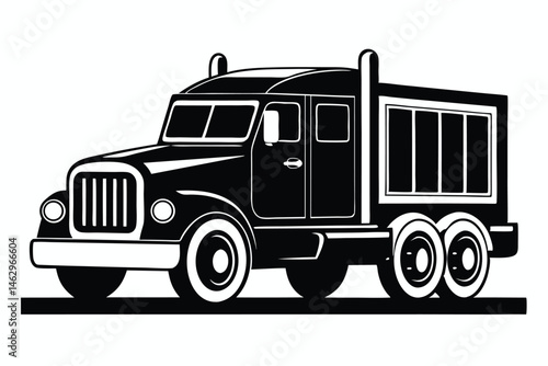 A classic black and white logging truck with a unique retro design is showcased