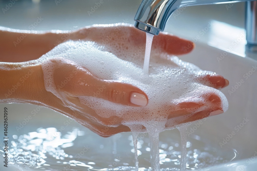 Fototapeta premium Close-up of hands covered in soap suds washing under running water from bathroom faucet conveying cleanliness and hygiene