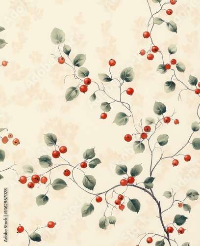 Delicate pattern of branches with green leaves and small red berries on a light beige background, evoking a calm and natural atmosphere
