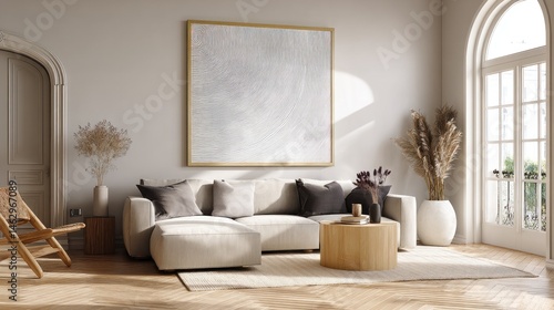 Modern living room with large frame wall (mockup) 