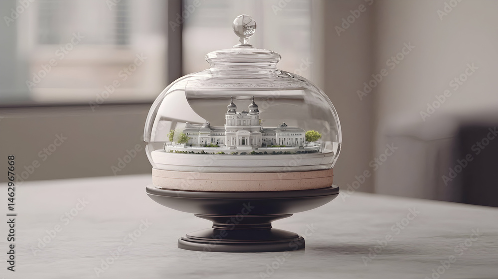 Miniature city under glass dome on table, indoor setting, architectural model, design concept Miniature city under glass dome on table, indoor setting, architectural model, design concept