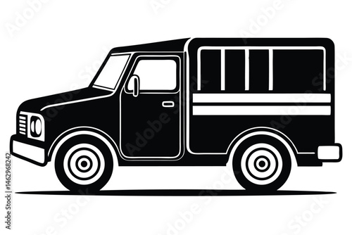 Black stylized truck illustration features a vintage design with its distinctive shape and wheels