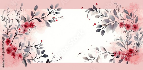 Delicate watercolor floral frame with soft pink flowers and dark gray leaves surrounding a white blank space on a pale pink background