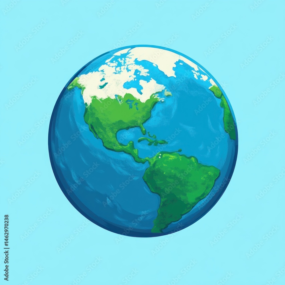 Fototapeta premium Illustration of planet Earth showing North and South America with green landmasses and blue oceans on a light blue background