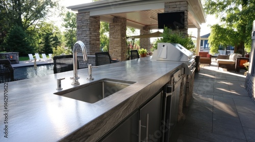 Modern outdoor kitchen with lava stone countertops  