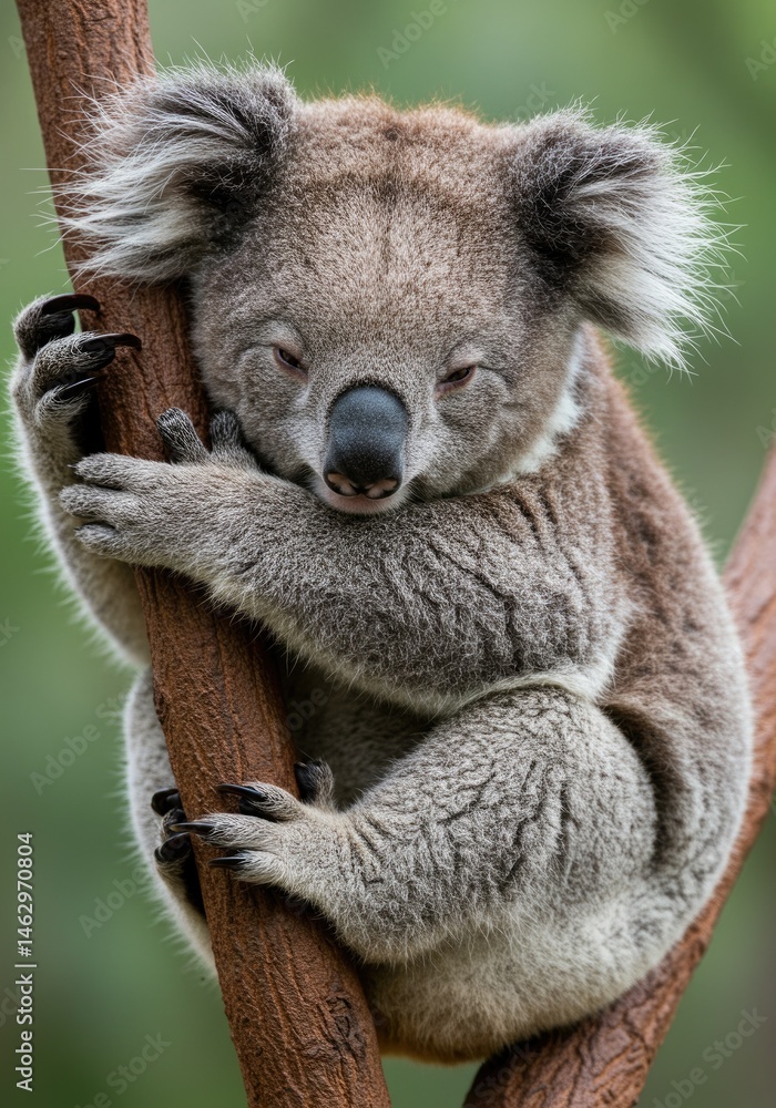 Fototapeta premium Close-up of a relaxed koala hugging a tree, with detailed fur texture and natural background