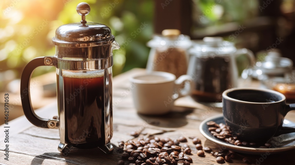 A french press filled with dark coffee sits on a rustic wooden table, surrounded by scattered coffee beans. Cups and brewing equipment are in the background, creating a warm and inviting atmosphere