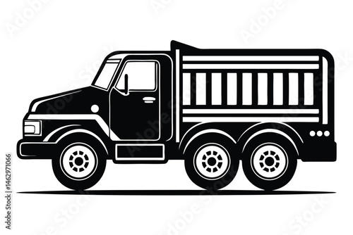Black monochrome dump truck with three axles and horizontal bars conveys ruggedness