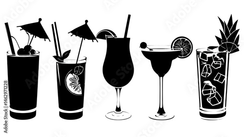 Cocktail drinks set simple black silhouette vector isolated on white background  -  