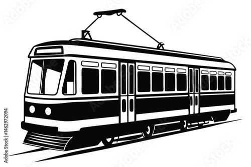 Monochromatic tram on the rails showcases a unique public transit illustration