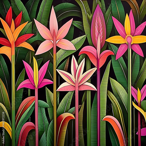 Vibrant tropical flowers in lush foliage; botanical illustration for print, design