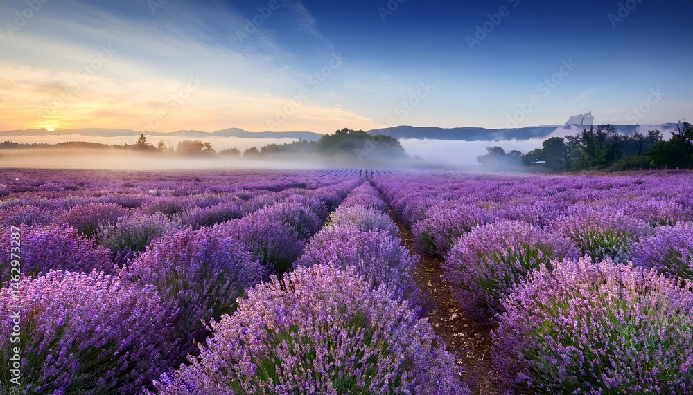 Obraz premium Scenic sunrise illuminating blooming lavender field in provence, france