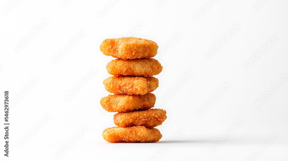 Close Up of Stacked Fried Popcorn Chicken Nuggets on White Background Close Up of Stacked Fried Popcorn Chicken Nuggets on White Background