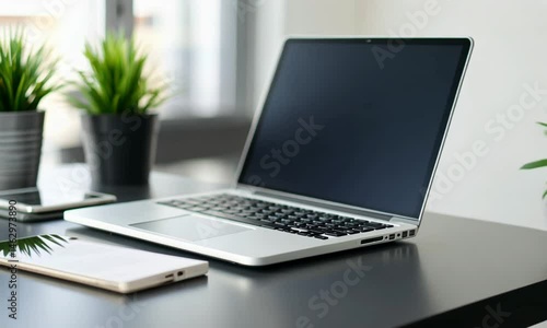 Wallpaper Mural A minimalist workspace featuring a laptop and a potted plant. Torontodigital.ca