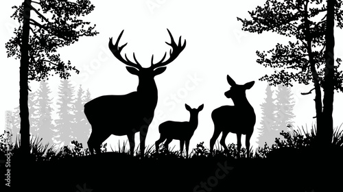 Deer family forest simple black silhouette vector isolated on white background  -  