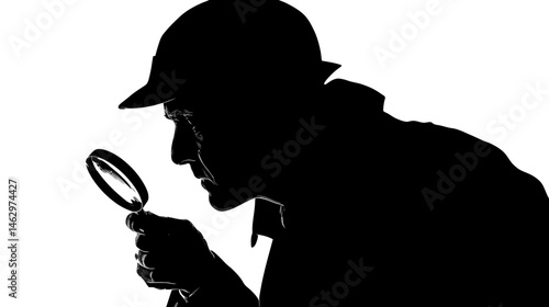 Detective with magnifying glass silhouette vector isolated on white background  -  