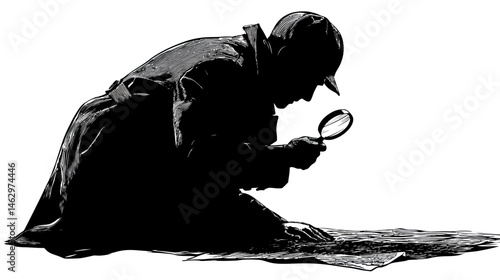 Detective with magnifying glass silhouette vector isolated on white background  -  