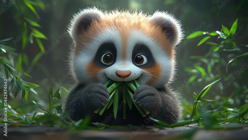 Fototapeta premium Adorable panda cub eating bamboo in forest