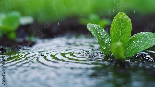 New Life Seedling Growth in Rain Nature's Resilience concept. Slow Motion Rain Falling on Fresh Green Leaves in a Garden Setting Near Clear Water on a Sunny Day
