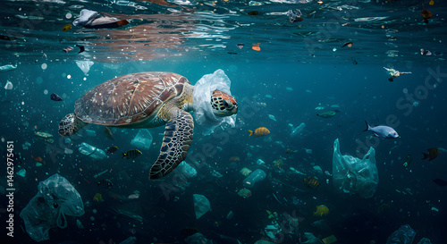 A sea turtle, hawksbill turtle dives among plastic waste, symbolic image for endangered species, marine animals pollution, pollution of the oceans
