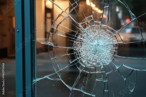 Close-up of a shattered glass window with a spiderweb crack pattern showing broken fragments and reflections of warm indoor lights and street scene outside