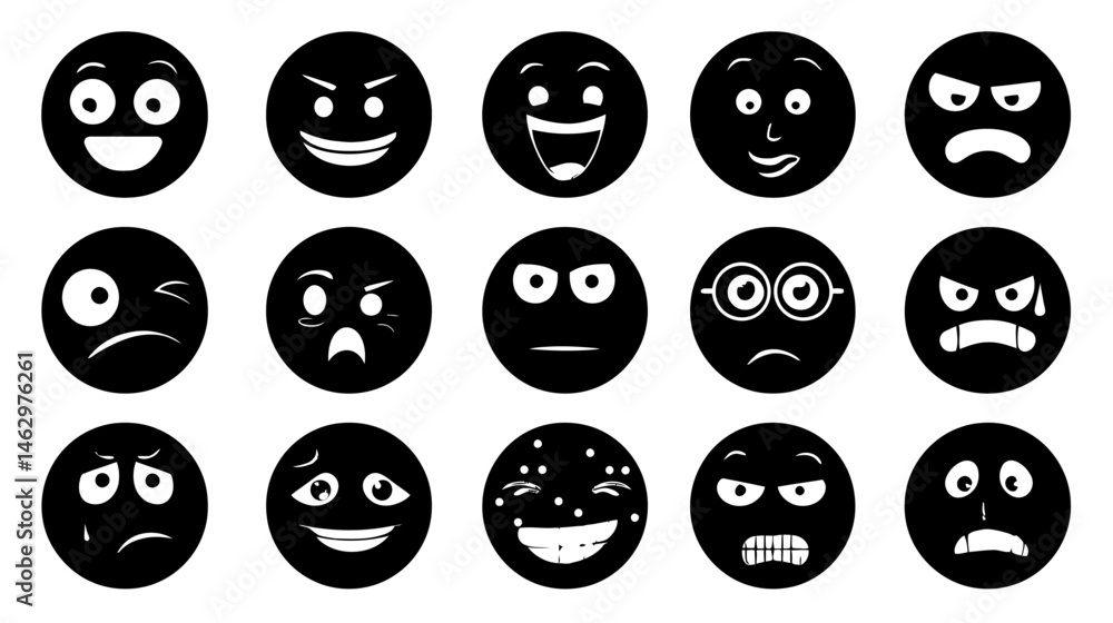 Emoji faces collection simple black silhouette vector isolated on white background - Emoji faces collection simple black silhouette vector isolated on white background -